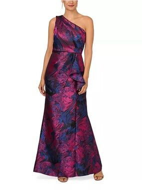 Adrianna Papell One-Shoulder Fuchsia and Navy Floral Evening Gown